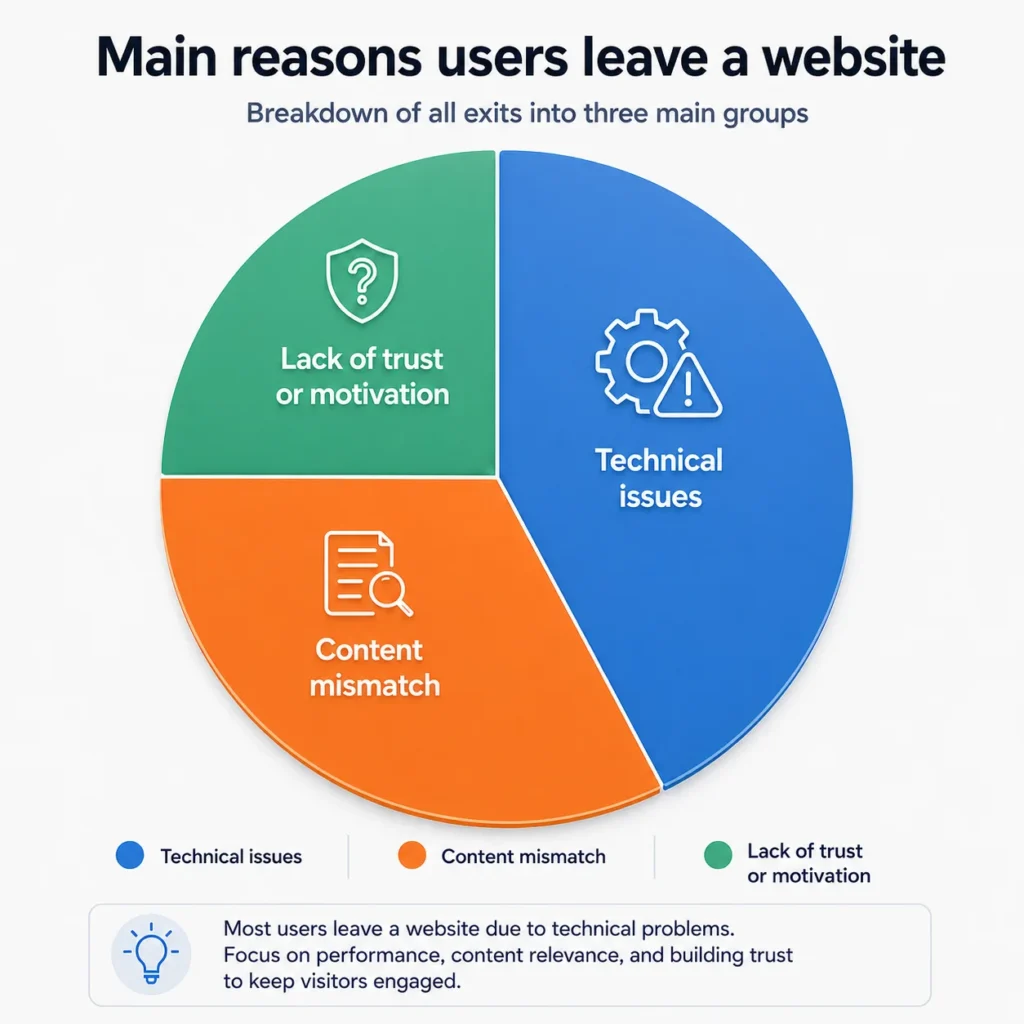 Pie chart explaining why users leave a website — the kind of diagram you can break down zone by zone