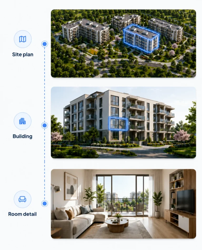 Site plan, building view and room detail connected step by step in WP InSpot