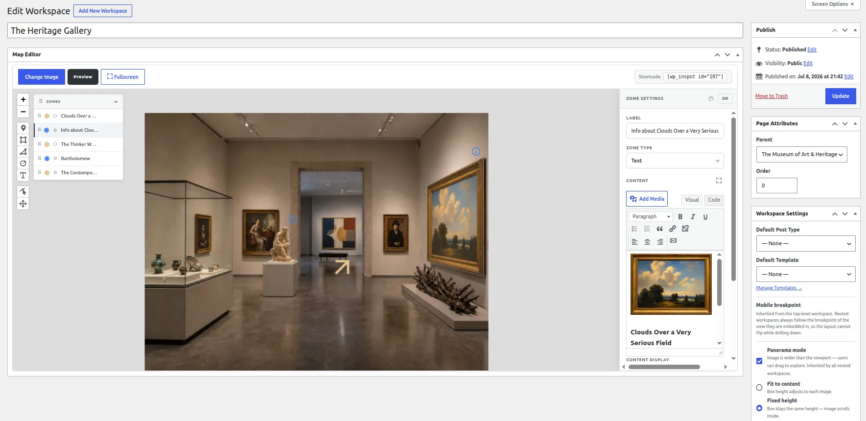 The WP InSpot workspace editor in WordPress: the zone list on the left, the image with drawn zones in the middle and the zone settings panel on the right