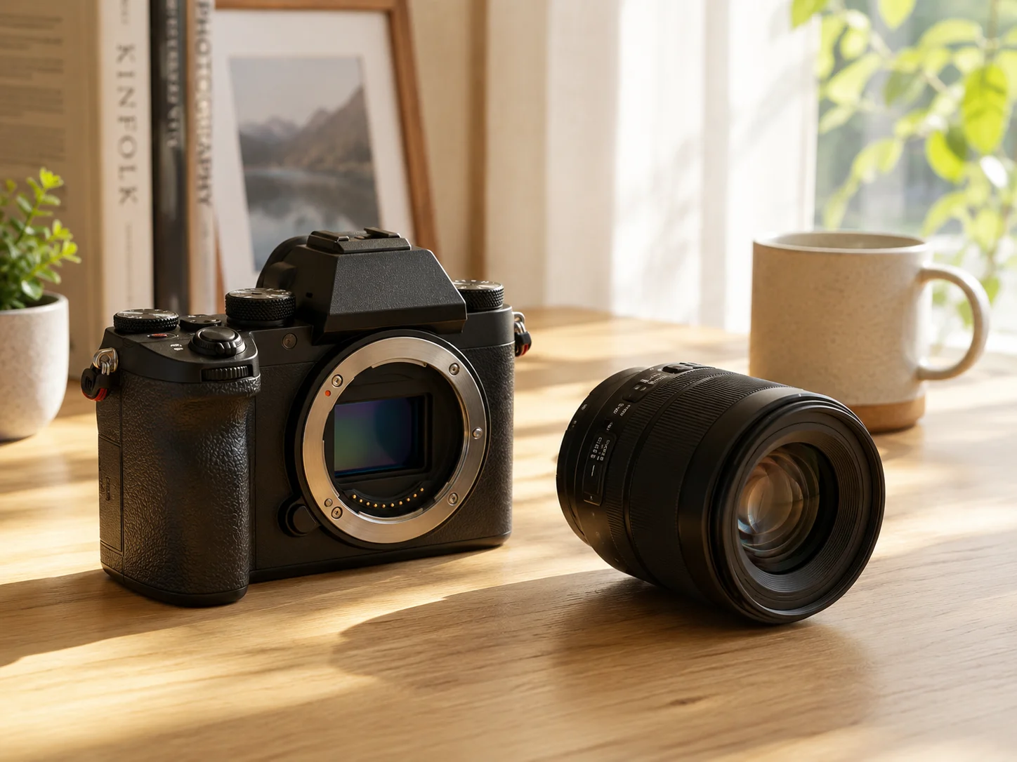 Mirrorless camera body next to its lens, ready to be explained part by part