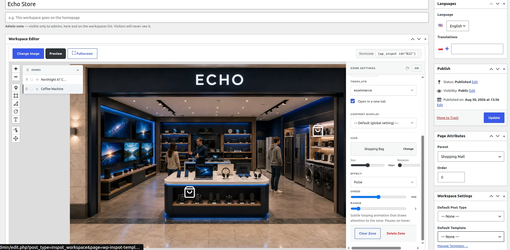 The WP InSpot workspace editor in WordPress, with a store interior photo, its product zones and the zone settings panel
