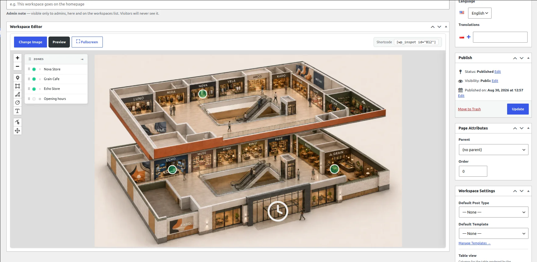 The WP InSpot workspace editor in WordPress, with a cutaway shopping centre render, its zone list and the workspace settings panel